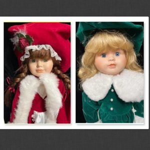Two Porcelain Winter Dolls blonde in Green and brunette in Red 16” EUC